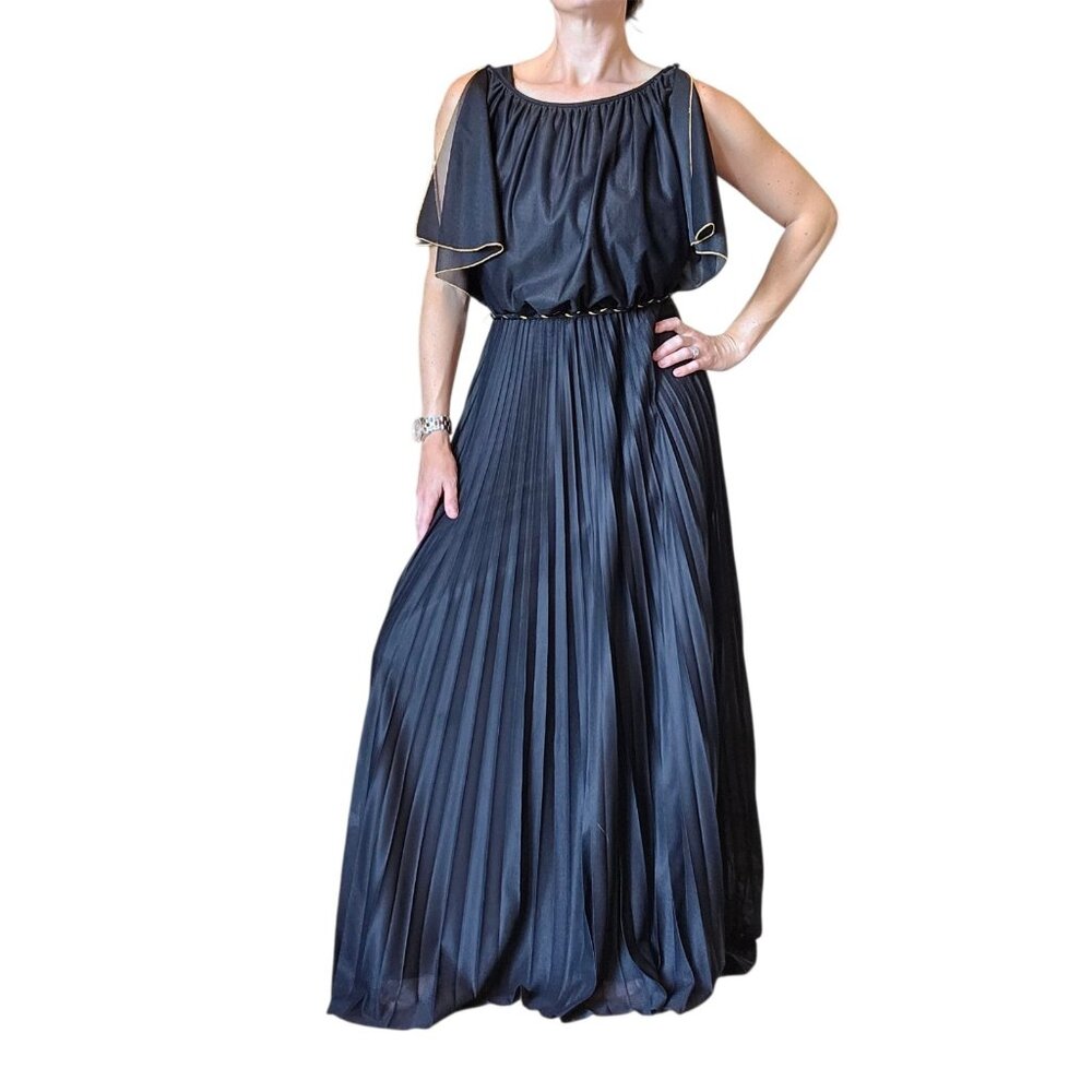VTG Black Fairy Goddess Long Dress Formal Floor Length Sz 6 Greecian Party Belt - Picture 4 of 16